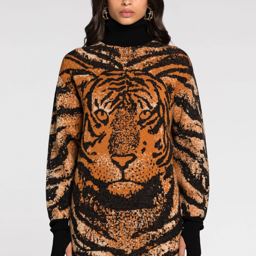 Roberto Cavalli Tijger Jacquard Trui Jurk Orange Dames