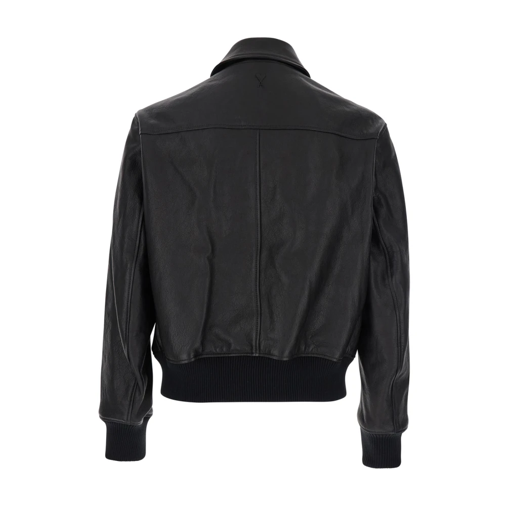 Ami Paris Zwarte leren jas met klassieke kraag Black Heren