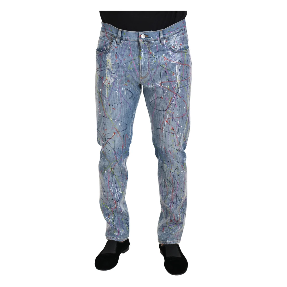Dolce & Gabbana Uomo Blu Jeans In Denim Con Stampa Color Splash