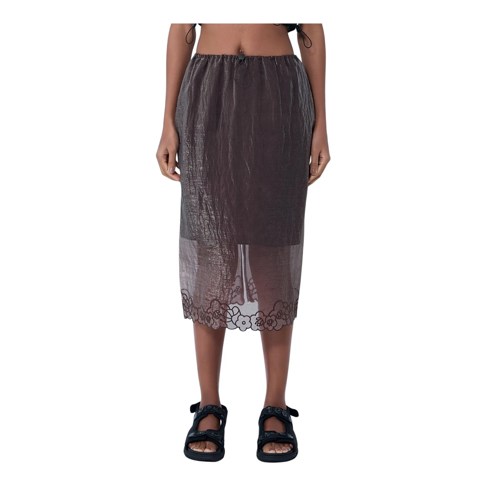 Cecilie Bahnsen Women's Brown Midi Skirts, 2XS, Embroidered Sheer Overlay Skirt