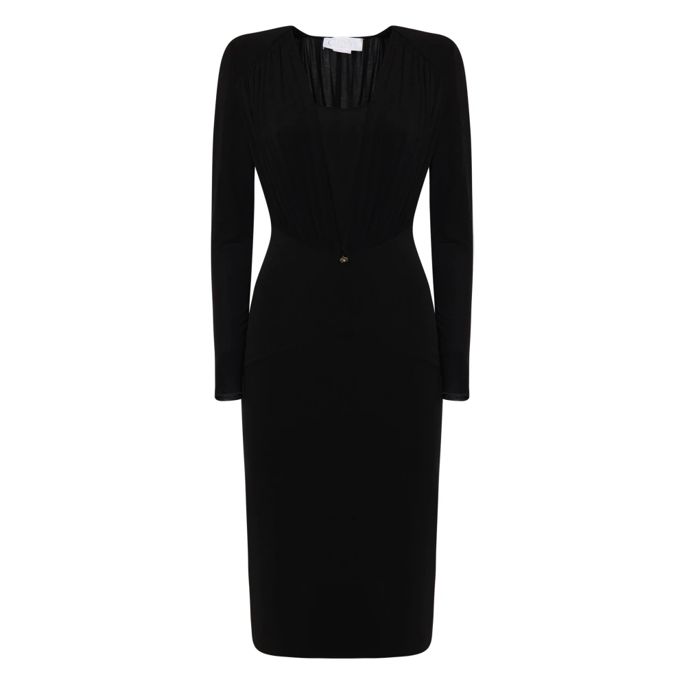 Genny Zwarte V-hals jurk met lange mouwen Black Dames