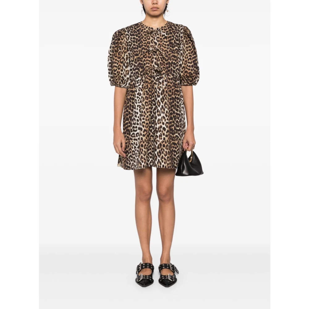 Ganni Luipaardprint Jurk met Pofmouwen Brown Dames
