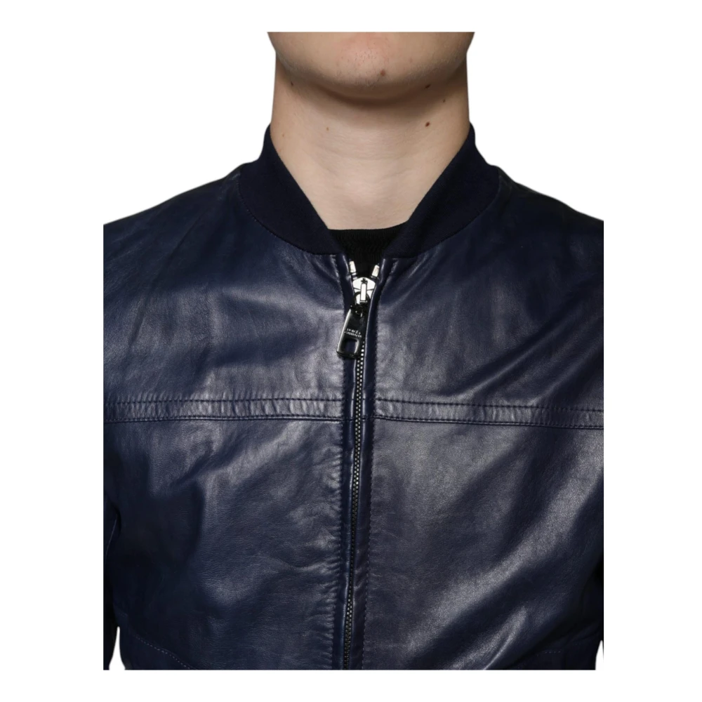 Dolce & Gabbana Blauwe Lamsskin Leren Bikerjack met Logo Blue Heren
