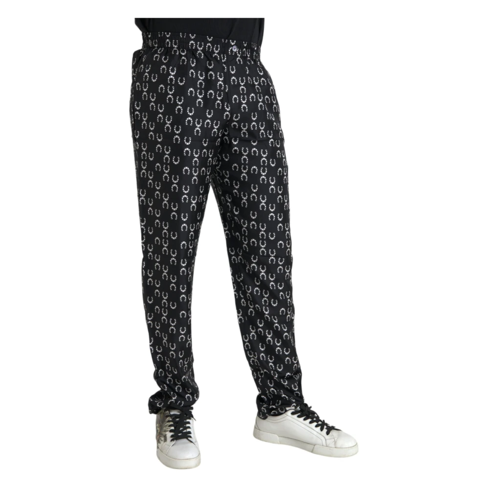 Dolce & Gabbana Zwarte Zijden Hoefijzerprint Broek Black Heren