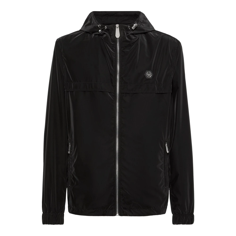 Philipp Plein Men's Black Windbreaker Jacket Logo Zip Pockets