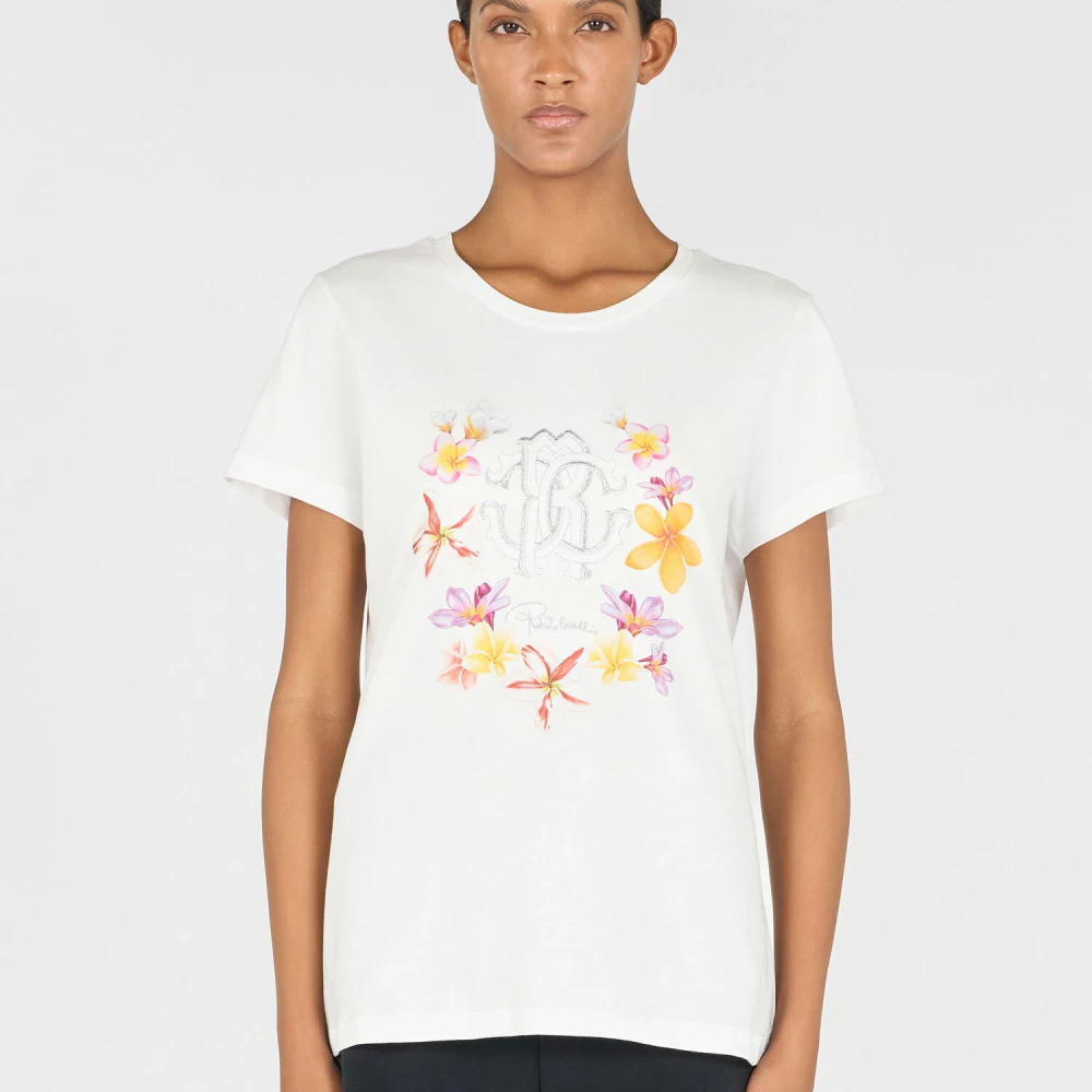 Roberto Cavalli Bloemen Monogram Ronde Hals T-shirt White Dames