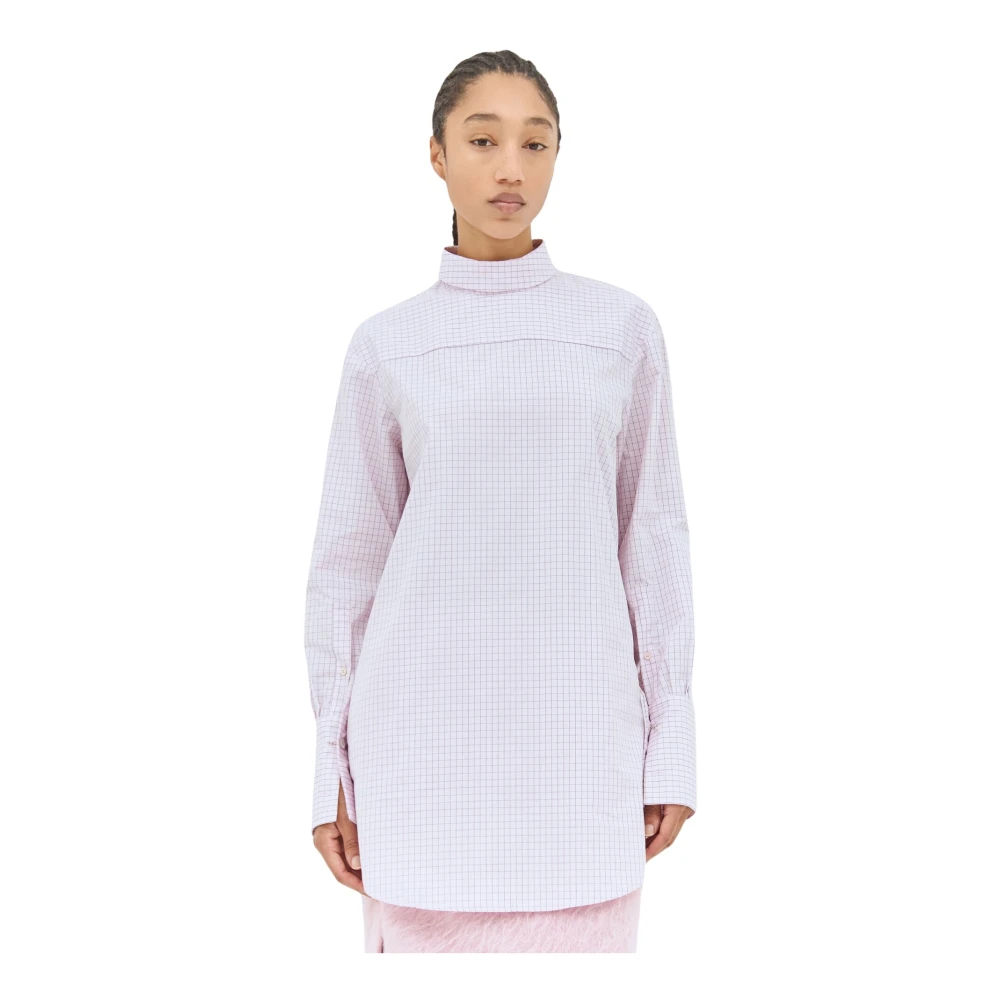 Dries Van Noten Geruit Motief Katoen Poplin Hoge Hals Shirt Pink Dames