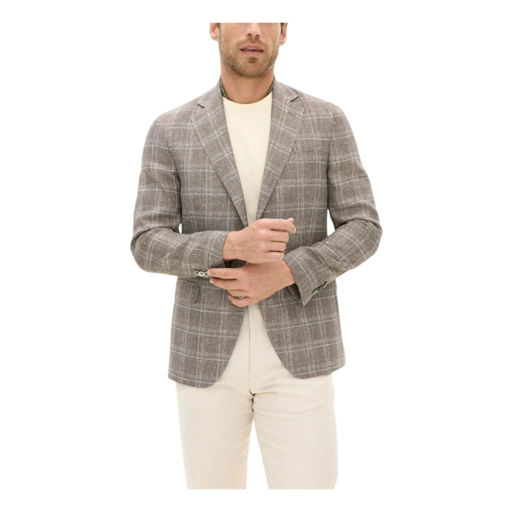 Oscar Jacobson Beige Geruit Gestreepte Blazer Regular Fit Gray Heren