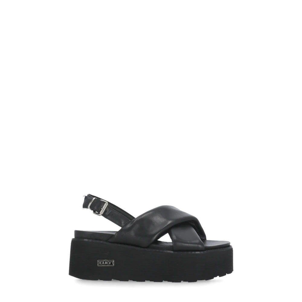 Cult Women's Black Leather Sandals With Metal Logo