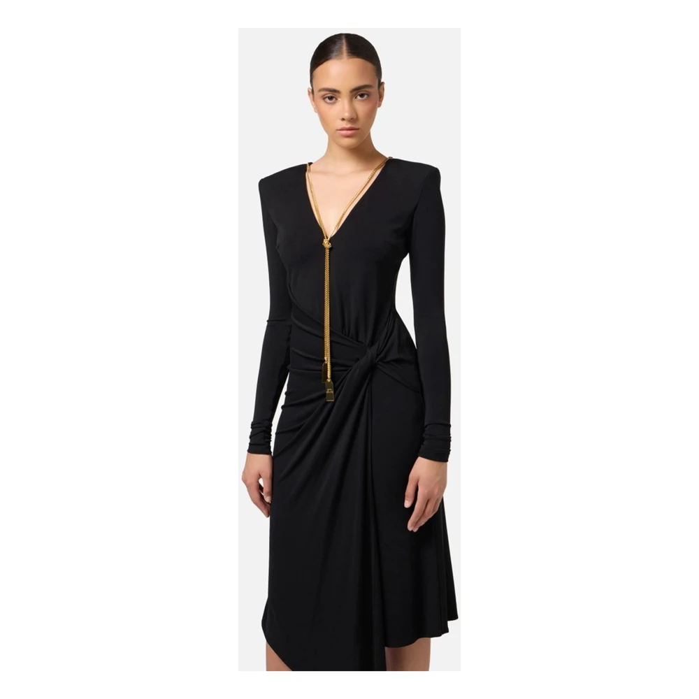 Elisabetta Franchi Zwarte Jersey Midi Jurk met V-Hals Black Dames