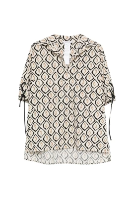 Geometric Pattern Tie-Detail Short Sleeve Blouse