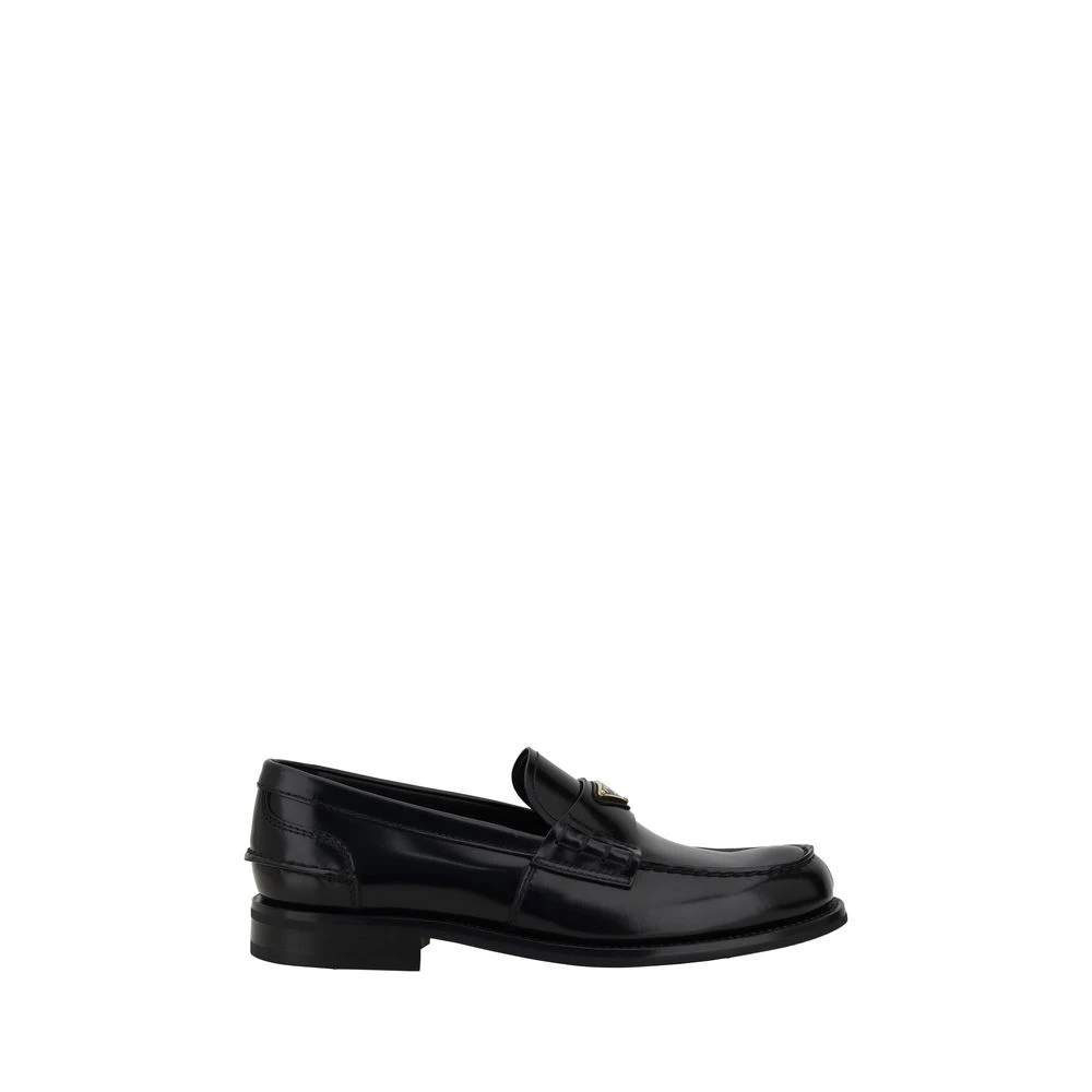 Prada Enameled Triangular Plaque Leather Loafers - Male - Loafers - Black - 7 Uk - Shoes