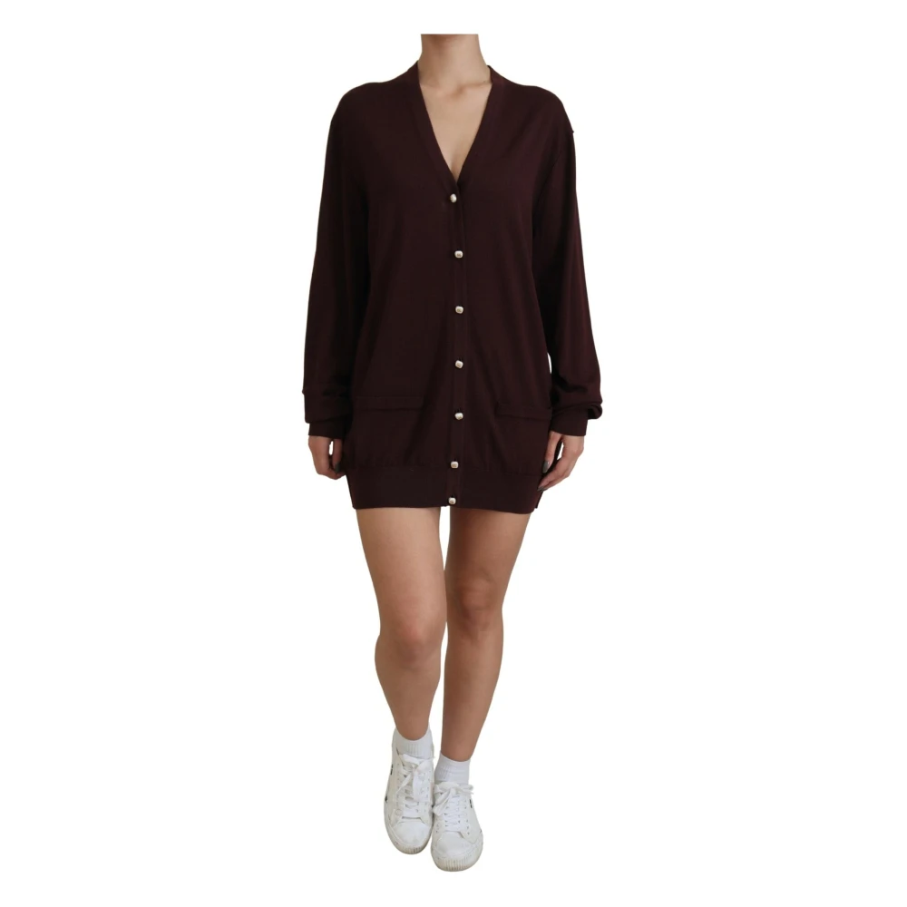 Dolce & Gabbana Maroon Ullstickad Djup V-ringad Cardigan Tröja Brown, Dam