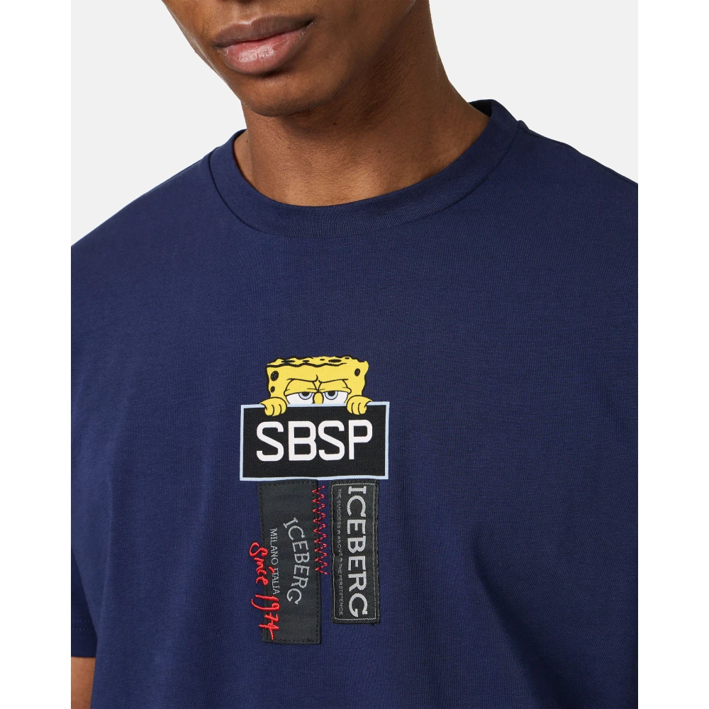 Iceberg Blauw stretch katoenen T-shirt met Spongebob print Blue Heren