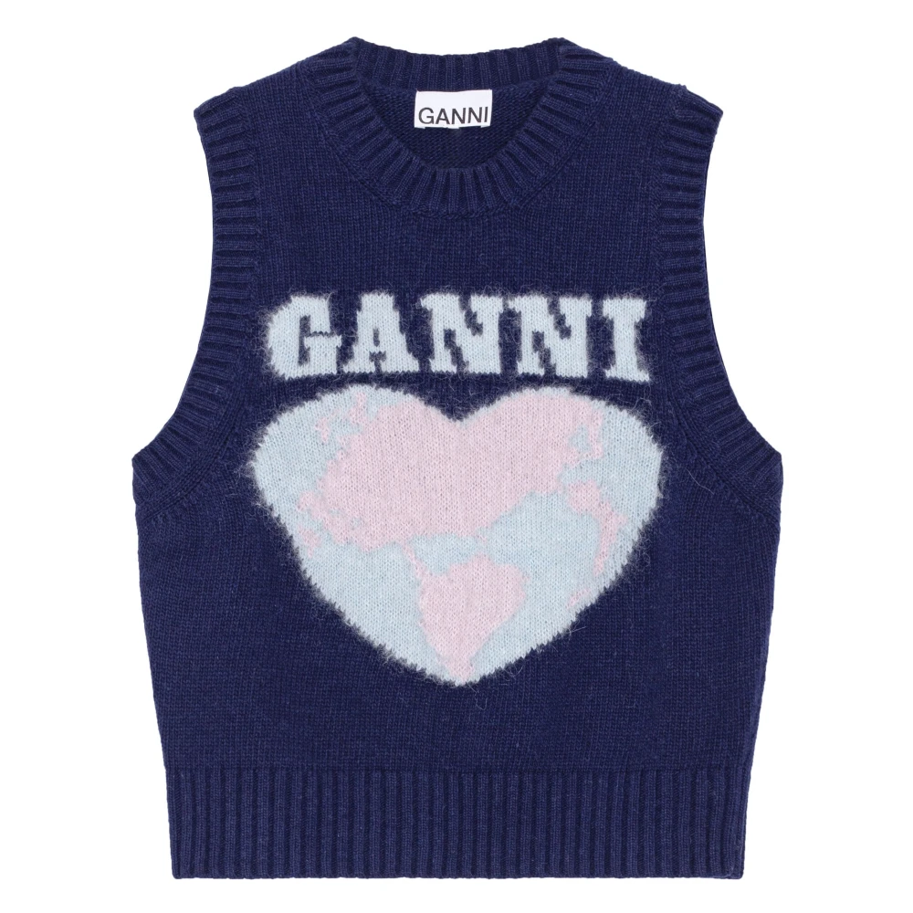 Ganni Intarsia wollen vest met geribbelde randen Blue Dames