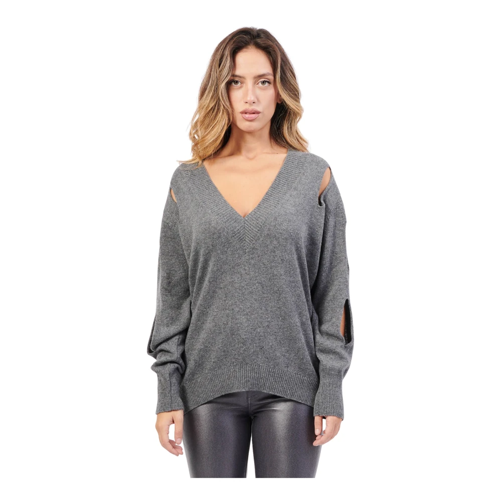 Jijil Grijze trui met V-hals en cut-out mouwen Gray Dames