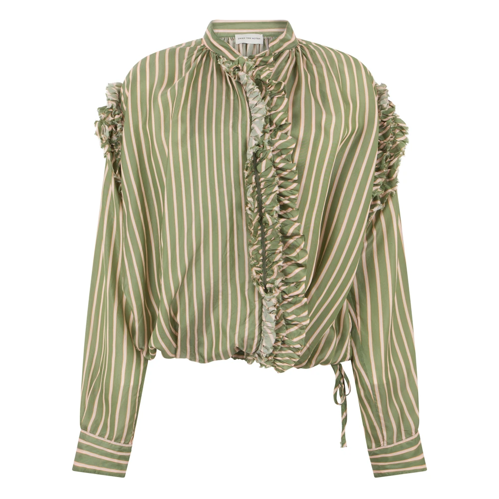 Dries Van Noten Women's Green Striped Blouse With Ruffles - Shirts - S - Blouses & Shirts
