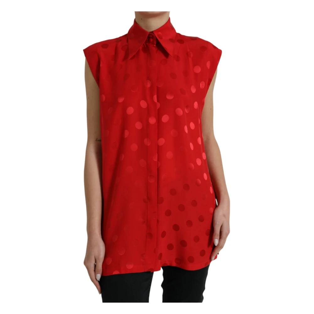 Dolce & Gabbana Elegante mouwloze zijden blouse met stippen Red Dames