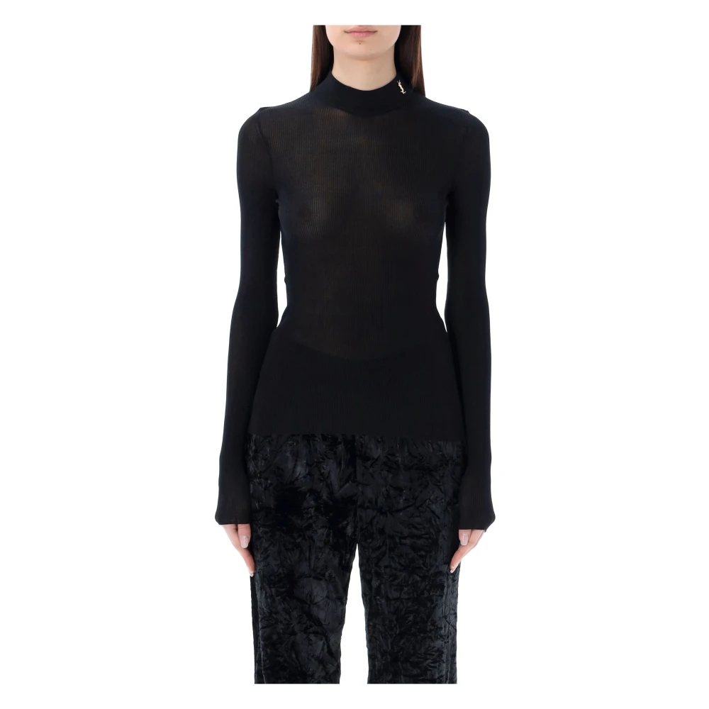 Saint Laurent Silk Cassandre Ribgebreide Trui Black Dames