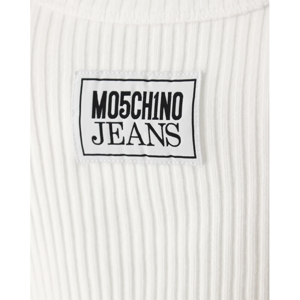 Moschino Geribbelde Crop Top met Logo Patch White Dames