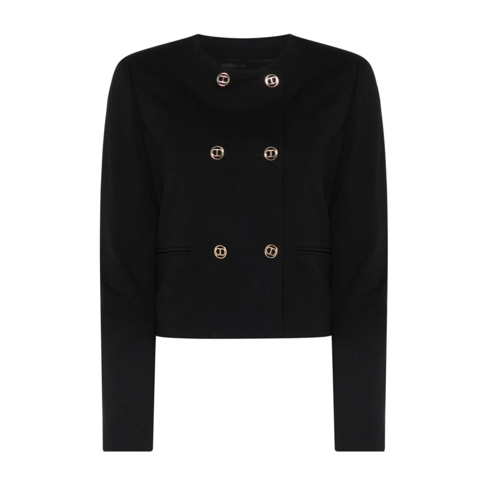Twinset Zwarte double-breasted jas met logo knopen Black Dames
