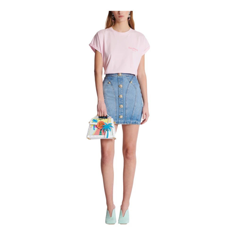 Balmain T-shirt met flock Paris logo Pink Dames