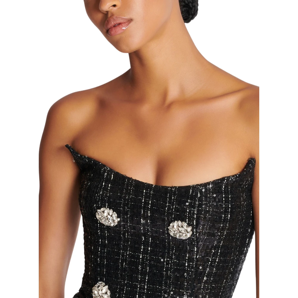 Balmain Strapless Lange Tweed Jurk met Glitter Black Dames