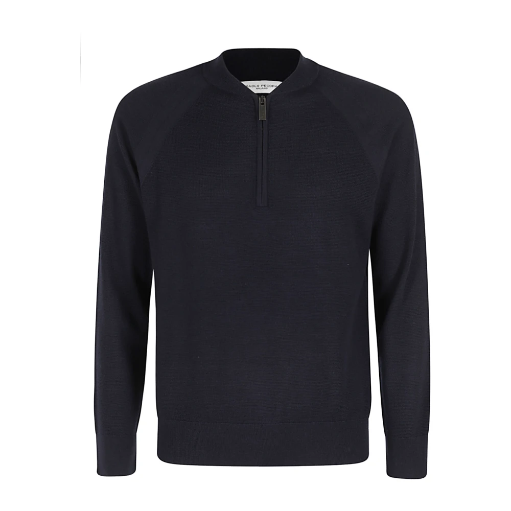 Paolo Pecora Merino Wol Halve Rits Sweater Blue Heren