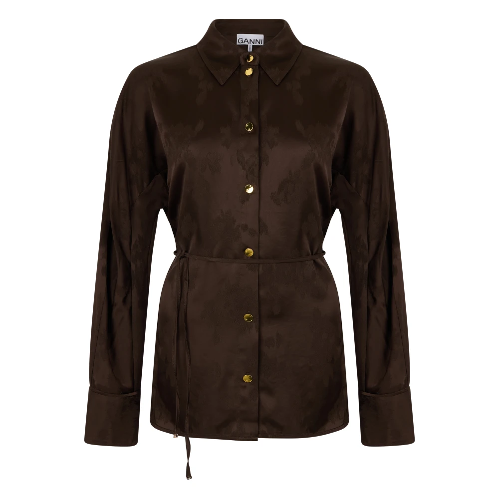 Ganni Women's Brown Shirts, L, Satin Shirt With Jacquard Effect
