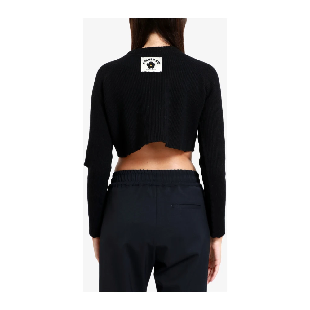A Paper Kid Zwarte Crop Sweatshirt met Split en Logo Tag Black Dames