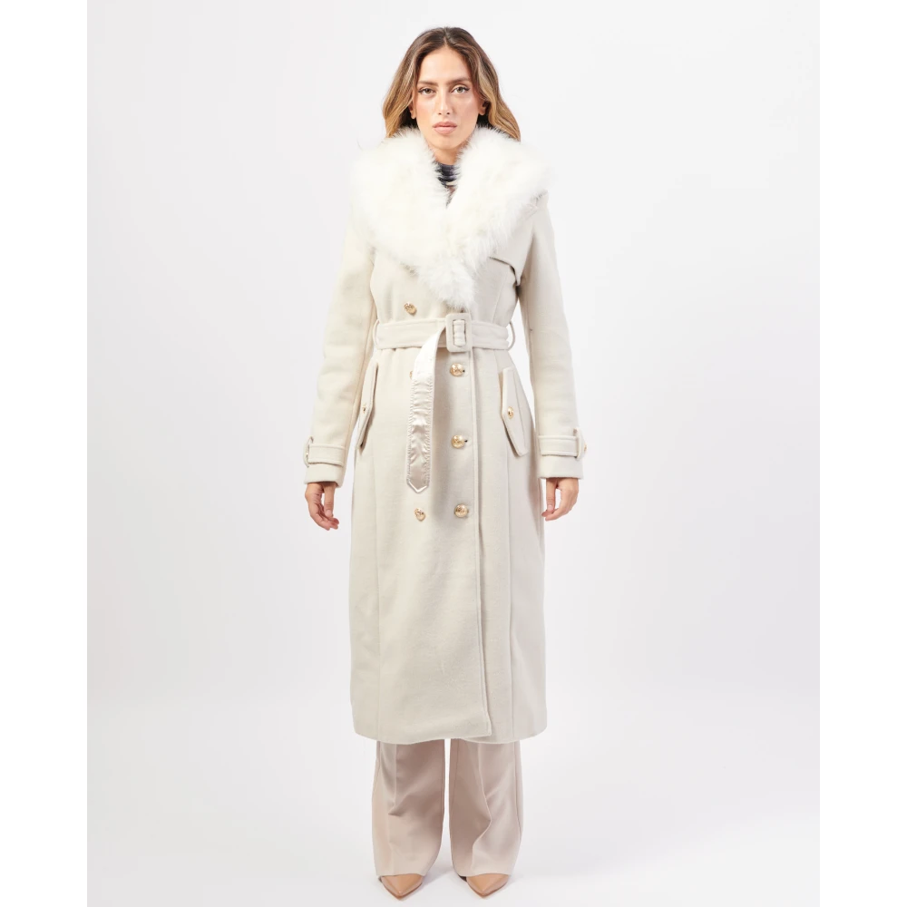 Fracomina Lange Reguliere Double-Breasted Jas met Riem Beige Dames