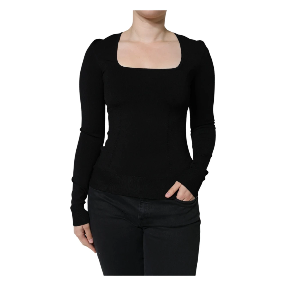 Dolce & Gabbana Women's Black Round-Neck Knitwear, M, Square Neck Long Sleeve Blouse