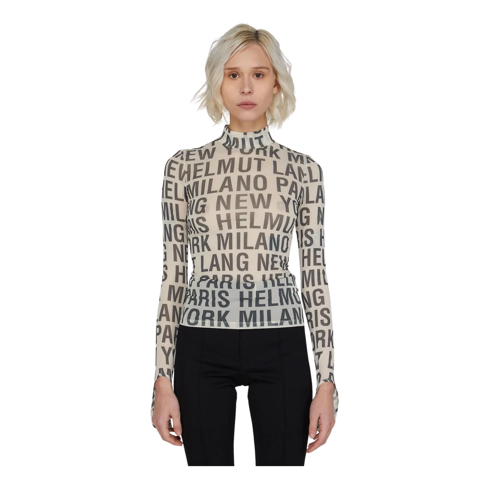 Helmut Lang Beige Graphic Print Jersey Top - Female - Long Sleeve T-Shirts - Xs - Tops