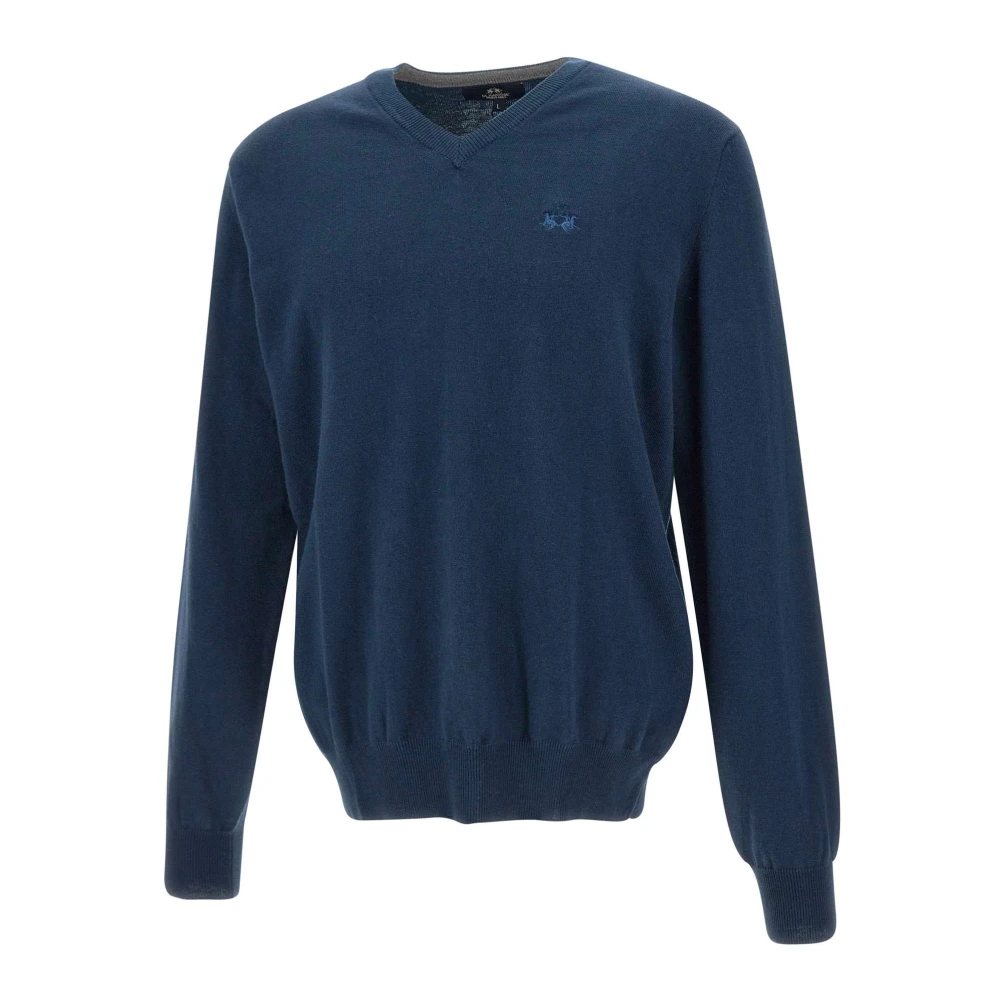 LA MARTINA Blauwe V-hals trui met logoborduursel Blue Heren