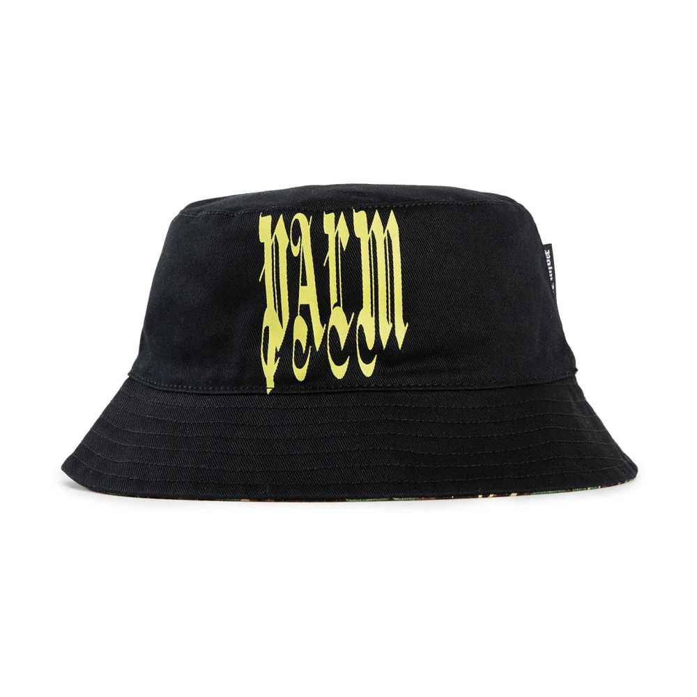 Palm Angels Gothic Logo Bucket Hat Zwart Lime Black Heren