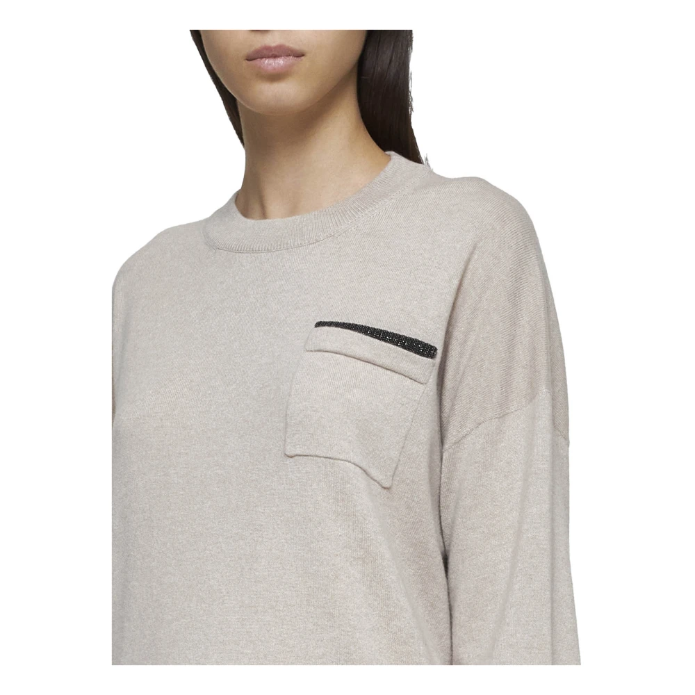 BRUNELLO CUCINELLI Kasjmier Crew Neck Sweater met Monile Versiering Beige Dames