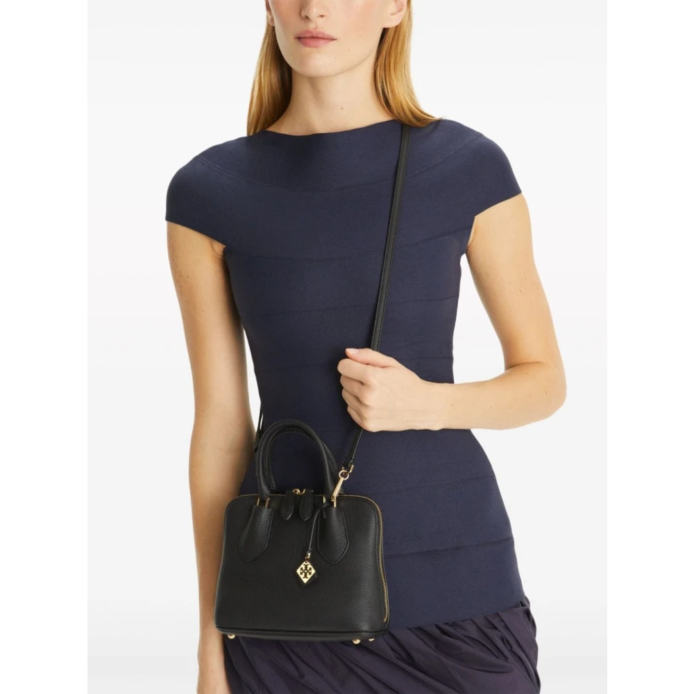 TORY BURCH Gestructureerde Leren Logo Charme Tas Black Dames