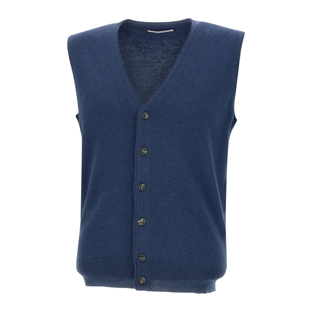Kangra Blauwe Wollen Vest Mouwloos V-Hals Knoopsluiting Blue Heren
