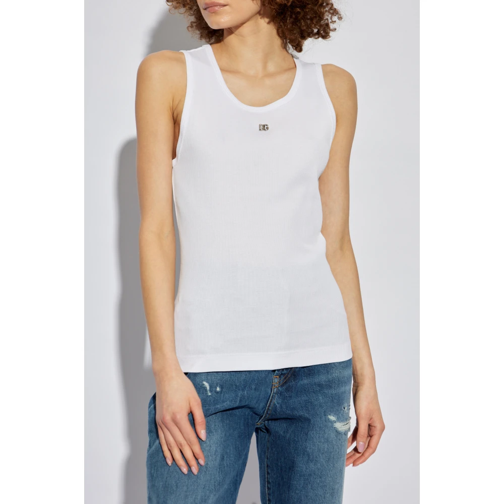 Dolce & Gabbana Geribbelde top met logo-vormige applicatie White Dames