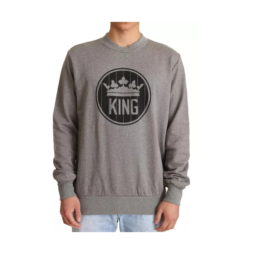 Dolce & Gabbana Men's Gray Round-Neck Knitwear, S, Crown King Cotton Pullover Jumper