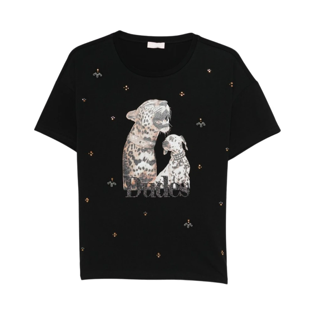 Liu Jo Women's Black T-Shirts, Xs, T-Shirt With Print And Rhinestones