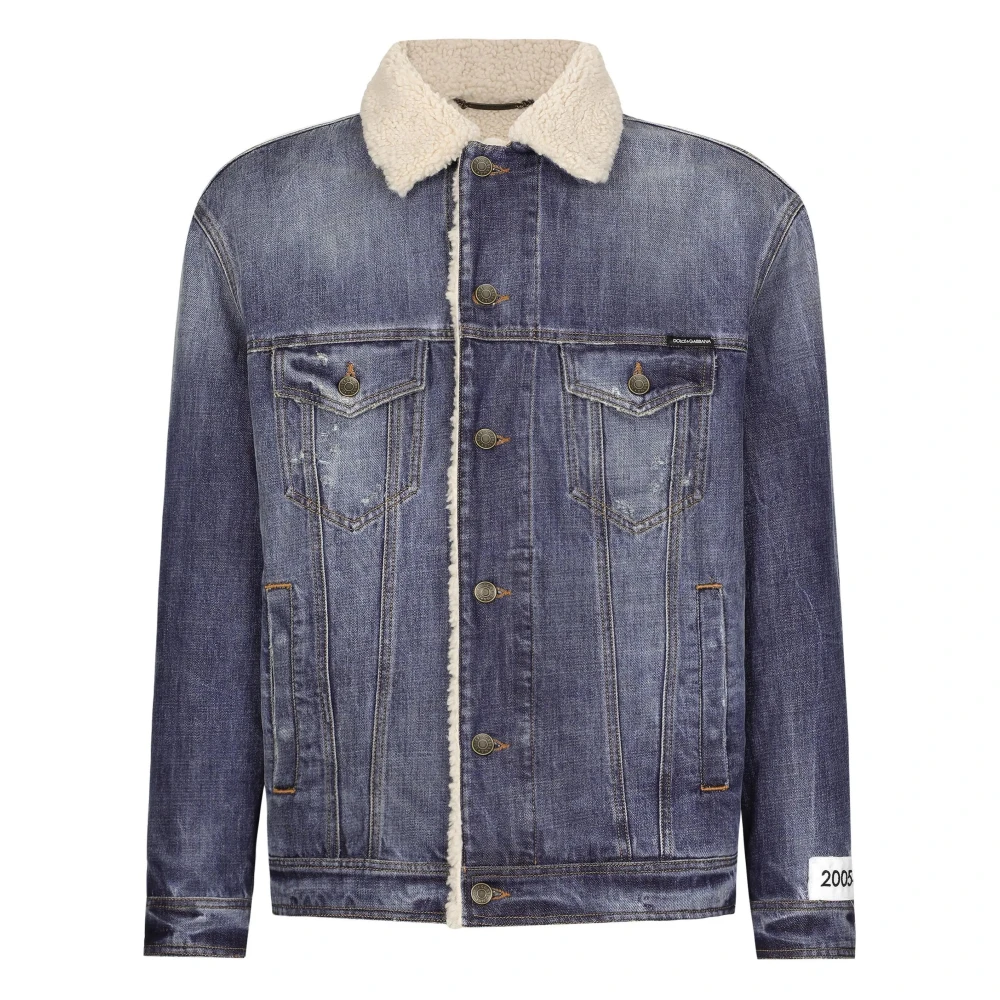Dolce & Gabbana Heldere Blauwe Teddy Kraag Denim Jas Blue Heren