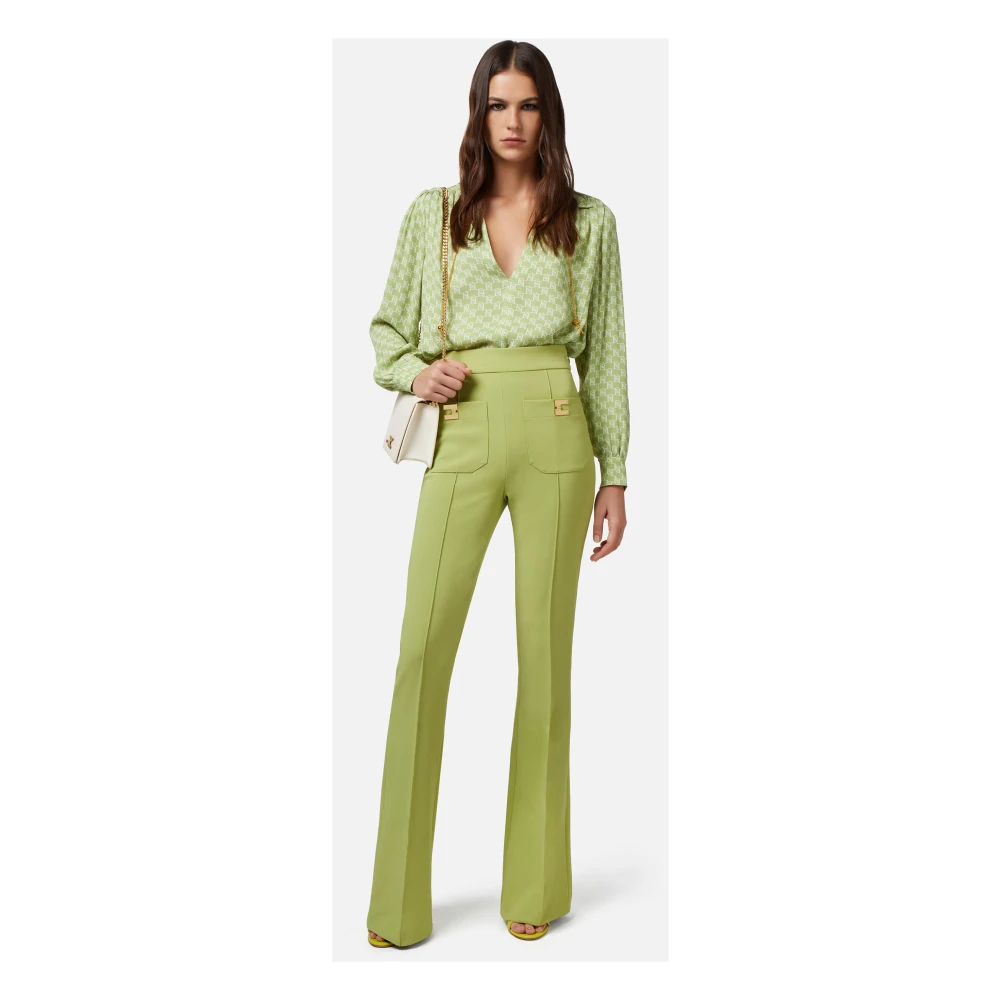 Elisabetta Franchi Langarmshirt met V-hals en logo print Green Dames