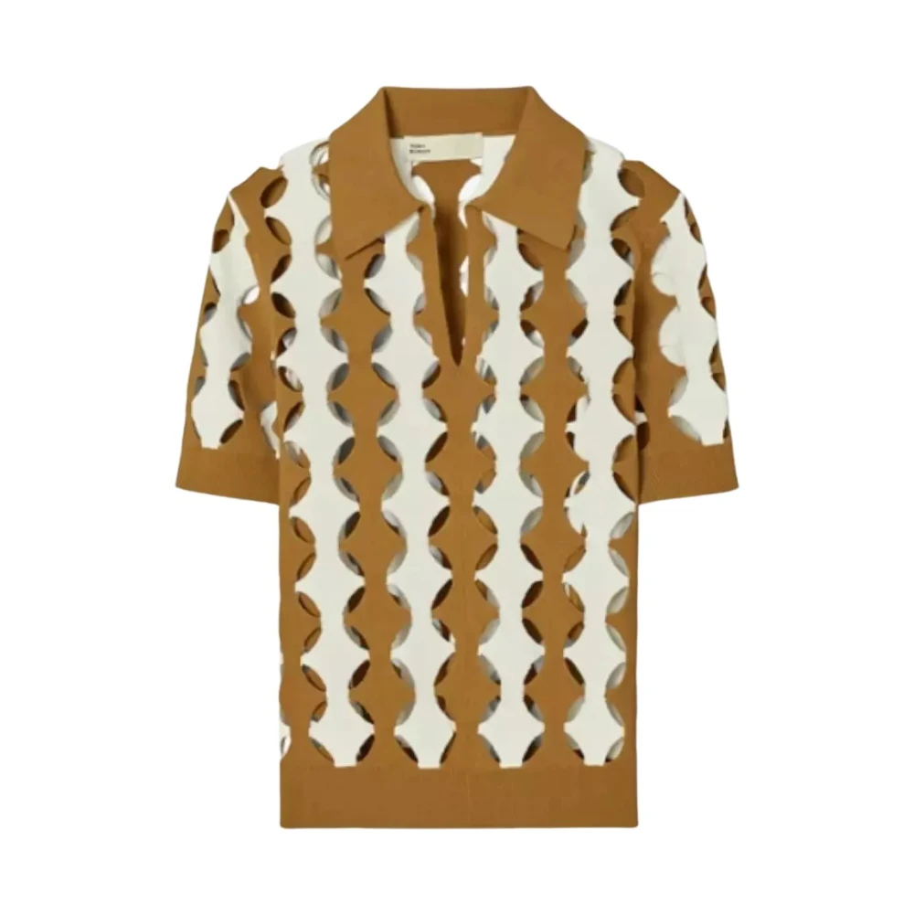 TORY BURCH Gestreept poloshirt met uitsparingen Brown Dames