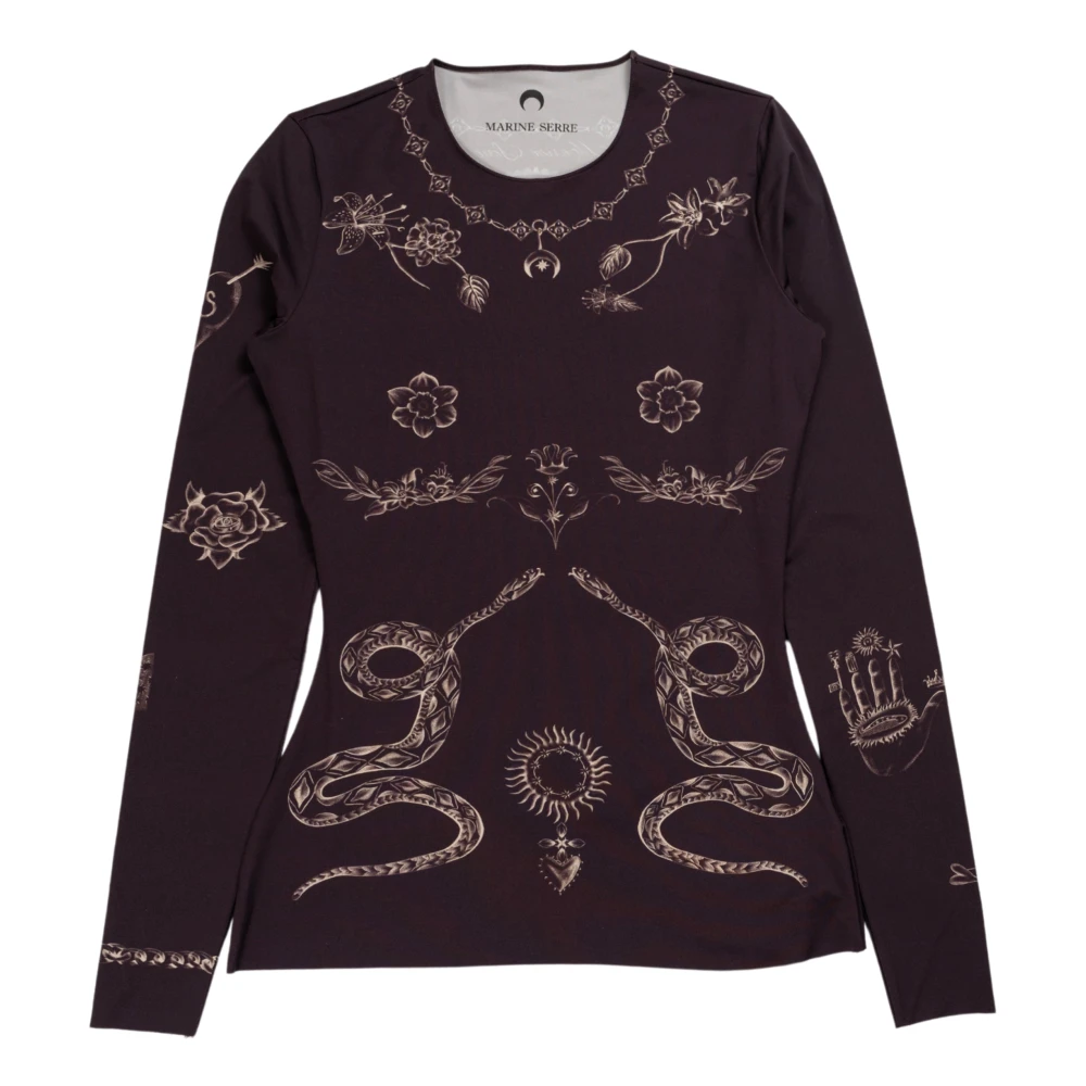 Marine Serre Bruine Tattoo Printed Crewneck Top Brown Dames