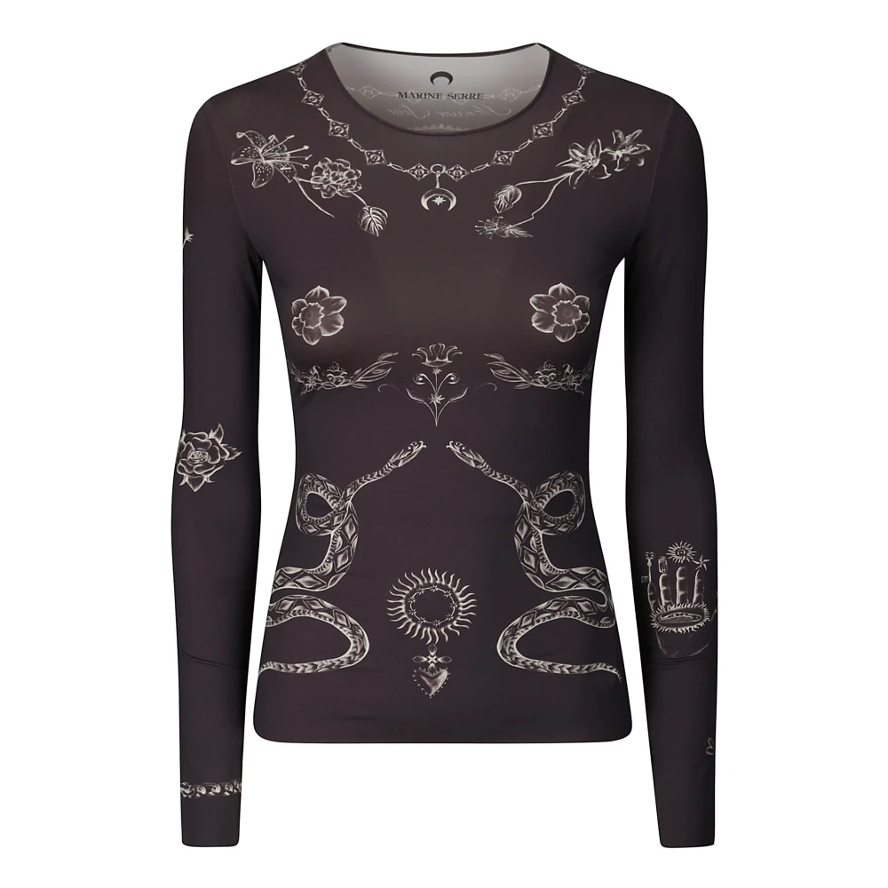 Marine Serre Bruine Tattoo Printed Crewneck Top Brown Dames