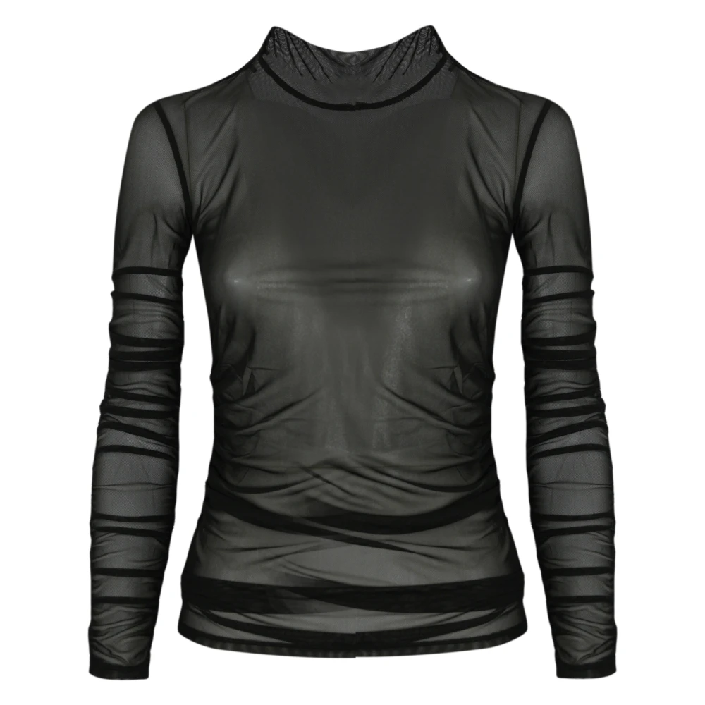 PATRIZIA PEPE Zwarte Doorschijnende Stretch Hoge Hals Longsleeve Top Black Dames