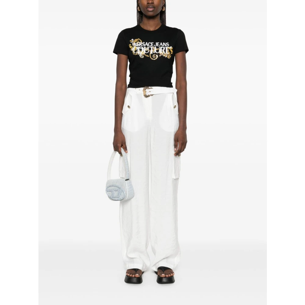 Versace Jeans Couture Zwarte T-shirt Polo met Kristallen Versiering Black Dames