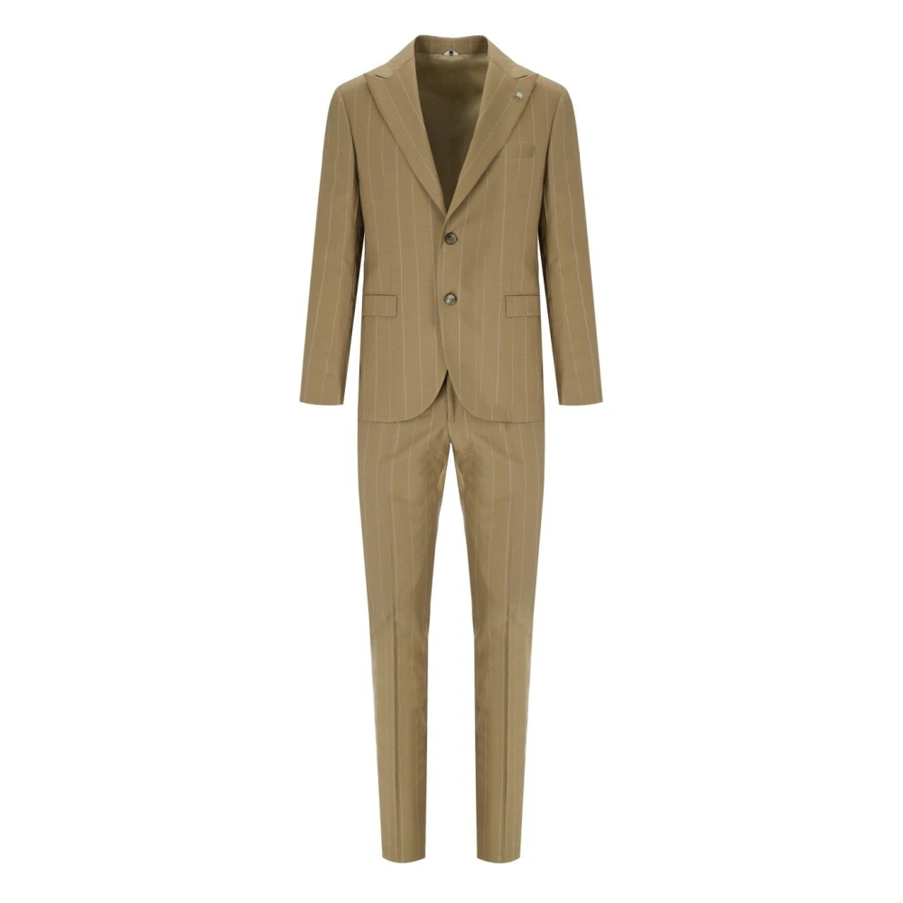 Manuel Ritz Beige Pinstripe Wool Suit With Logo Lapel - Male - Single Breasted Suits - Xl - Suits