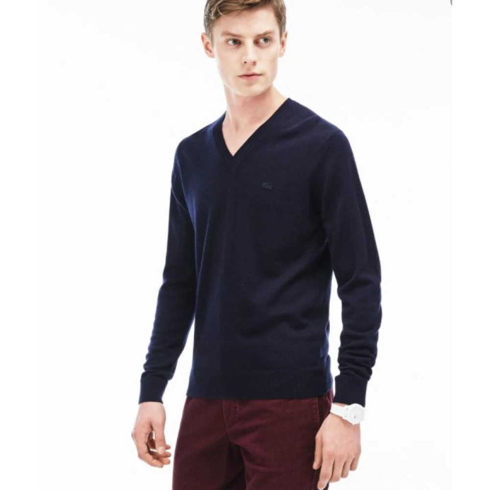 Lacoste Men's Blue V-Neck Knitwear, Xs, Wool V-Neck Jumper